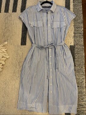 Hinson Wu Blue Stripe Mixed Pattern Shirt Dress w/ Belt Detail